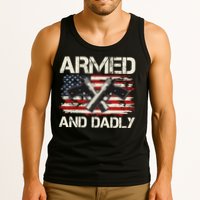 Armed And Dadly Armed And Deadly Daddy Dad Distressed USA American Flag Tank Top