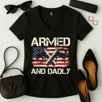 Armed And Dadly Armed And Deadly Daddy Dad Distressed USA American Flag Women's V-Neck T-Shirt