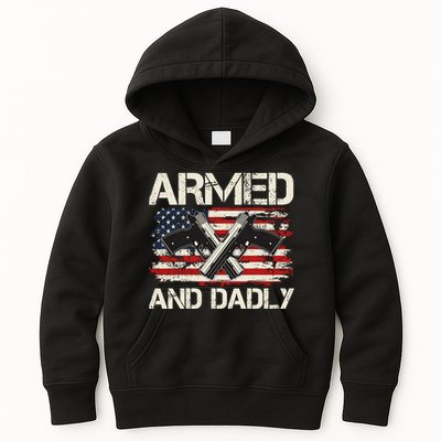 Armed And Dadly Armed And Deadly Daddy Dad Distressed USA American Flag Kids Hoodie