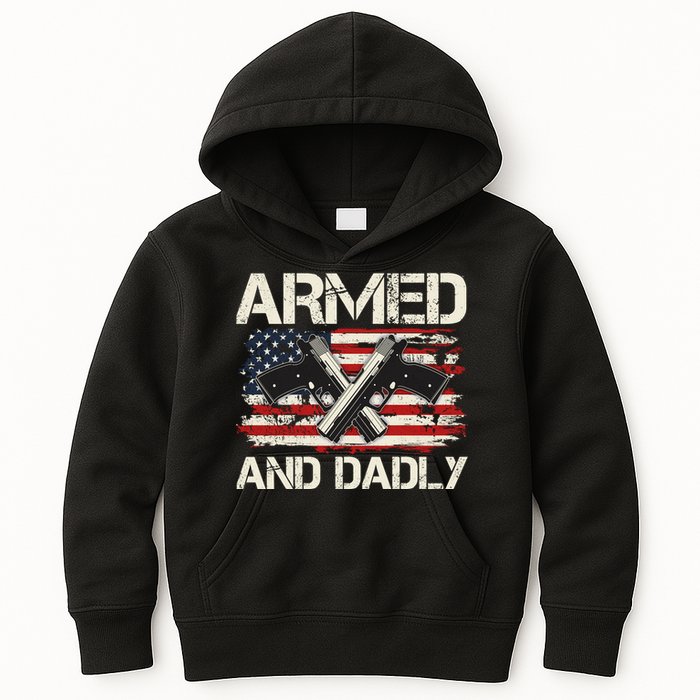 Armed And Dadly Armed And Deadly Daddy Dad Distressed USA American Flag Kids Hoodie