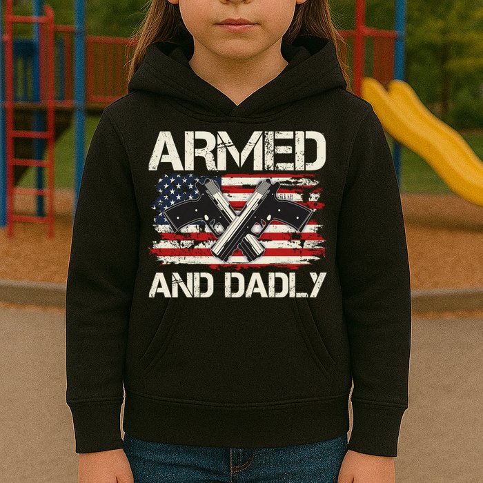 Armed And Dadly Armed And Deadly Daddy Dad Distressed USA American Flag Kids Hoodie