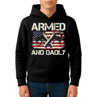 Armed And Dadly Armed And Deadly Daddy Dad Distressed USA American Flag Kids Hoodie