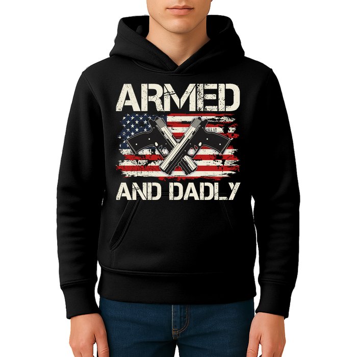Armed And Dadly Armed And Deadly Daddy Dad Distressed USA American Flag Kids Hoodie