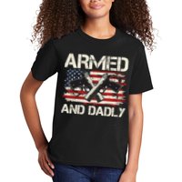 Armed And Dadly Armed And Deadly Daddy Dad Distressed USA American Flag Kids T-Shirt
