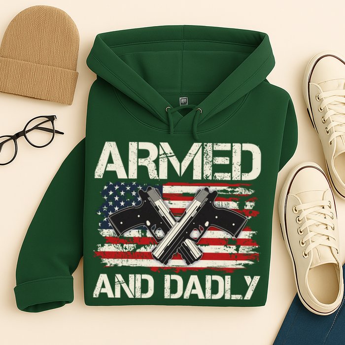 Armed And Dadly Armed And Deadly Daddy Dad Distressed USA American Flag Hoodie