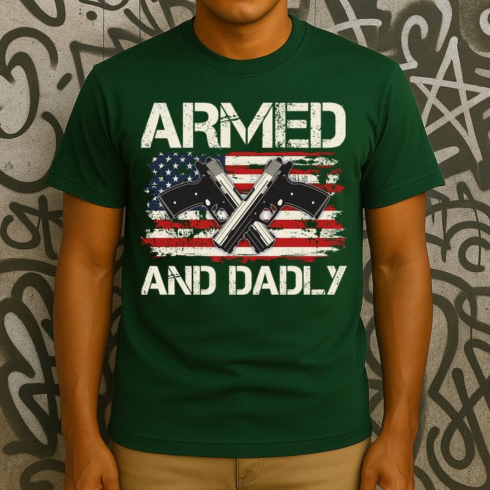 Armed And Dadly Armed And Deadly Daddy Dad Distressed USA American Flag T-Shirt