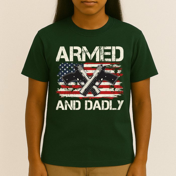 Armed And Dadly Armed And Deadly Daddy Dad Distressed USA American Flag T-Shirt