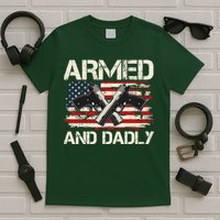 Armed And Dadly Armed And Deadly Daddy Dad Distressed USA American Flag T-Shirt