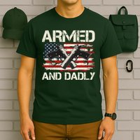Armed And Dadly Armed And Deadly Daddy Dad Distressed USA American Flag T-Shirt