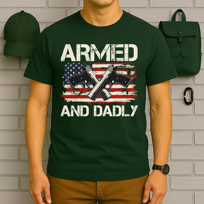 Armed And Dadly Armed And Deadly Daddy Dad Distressed USA American Flag T-Shirt