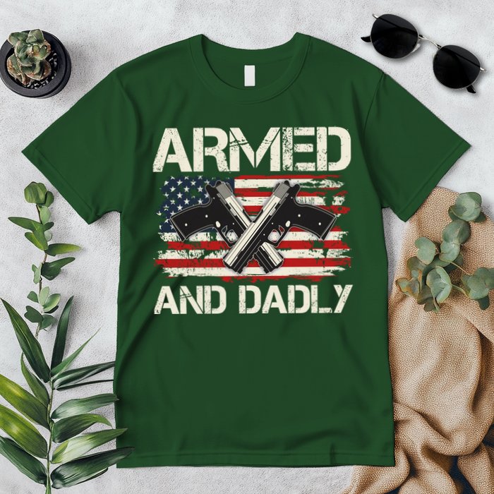 Armed And Dadly Armed And Deadly Daddy Dad Distressed USA American Flag Premium T-Shirt