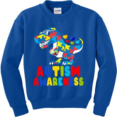 Autism Awareness Dinosaur T Rex Heart Puzzle Pieces Gift Kids Sweatshirt