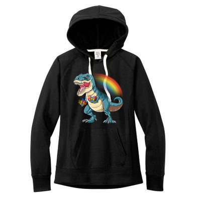 Autism Awareness Dinosaur T Rex Heart Puzzle Pieces Gift Women's Fleece Hoodie