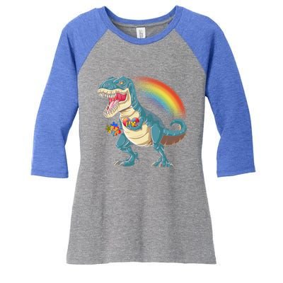 Autism Awareness Dinosaur T Rex Heart Puzzle Pieces Gift Women's Tri-Blend 3/4-Sleeve Raglan Shirt