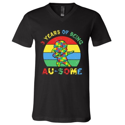 Autism Awareness Dabbing Awesome 3 Year Old 3rd Birthday V-Neck T-Shirt