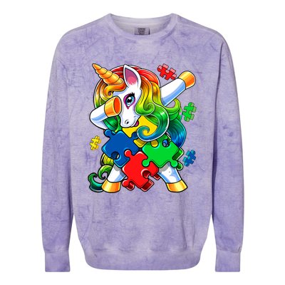 Autism Awareness Day Dabbing Unicorn Puzzle Piece Meaningful Gift Colorblast Crewneck Sweatshirt