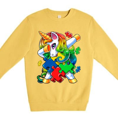 Autism Awareness Day Dabbing Unicorn Puzzle Piece Meaningful Gift Premium Crewneck Sweatshirt