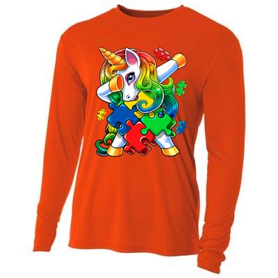 Autism Awareness Day Dabbing Unicorn Puzzle Piece Meaningful Gift Cooling Performance Long Sleeve Crew