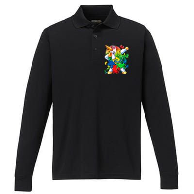 Autism Awareness Day Dabbing Unicorn Puzzle Piece Meaningful Gift Performance Long Sleeve Polo