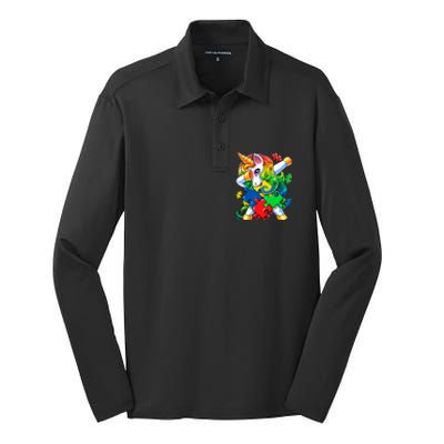 Autism Awareness Day Dabbing Unicorn Puzzle Piece Meaningful Gift Silk Touch Performance Long Sleeve Polo