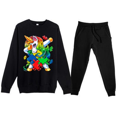 Autism Awareness Day Dabbing Unicorn Puzzle Piece Meaningful Gift Premium Crewneck Sweatsuit Set