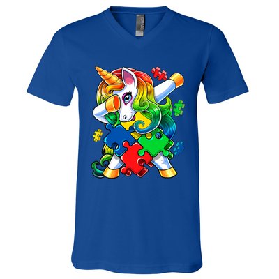 Autism Awareness Day Dabbing Unicorn Puzzle Piece Meaningful Gift V-Neck T-Shirt