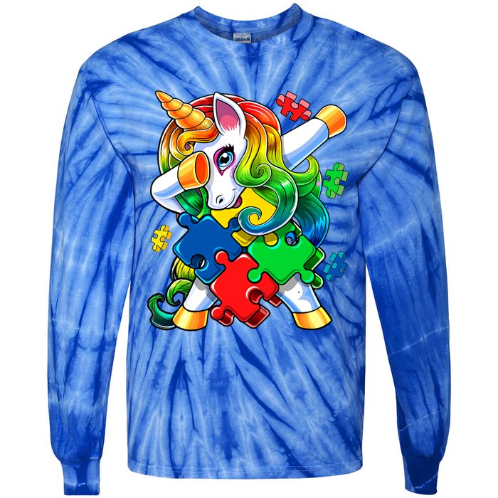 Autism Awareness Day Dabbing Unicorn Puzzle Piece Meaningful Gift Tie-Dye Long Sleeve Shirt