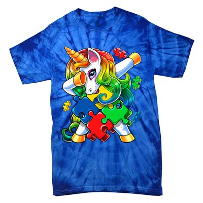 Autism Awareness Day Dabbing Unicorn Puzzle Piece Meaningful Gift Tie-Dye T-Shirt