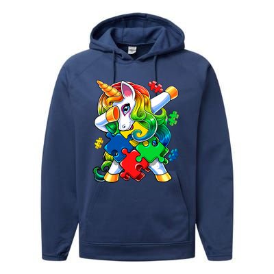 Autism Awareness Day Dabbing Unicorn Puzzle Piece Meaningful Gift Performance Fleece Hoodie