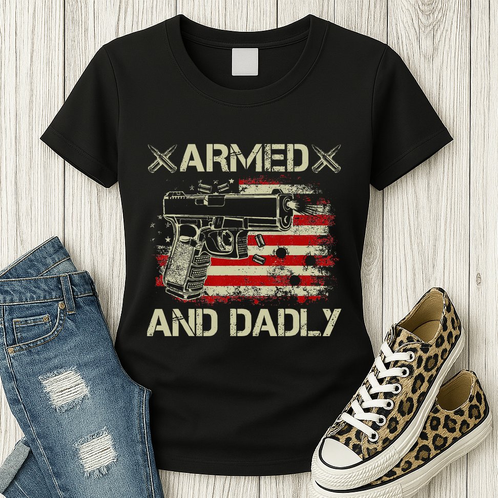Armed And Dadly Funny Deadly Father Gift For Father's Day Womens T-Shirt