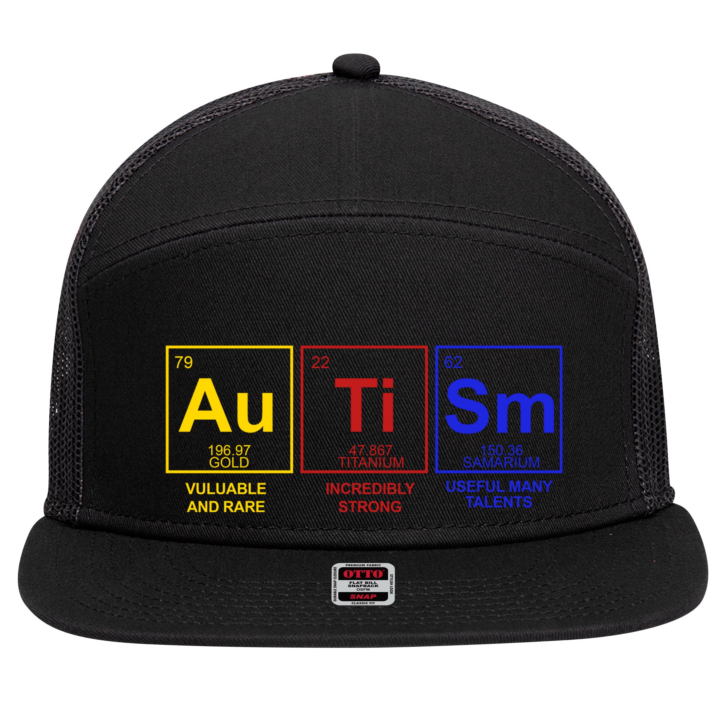Autism Awareness Elements Periodic Table 7 Panel Mesh Trucker Snapback Hat