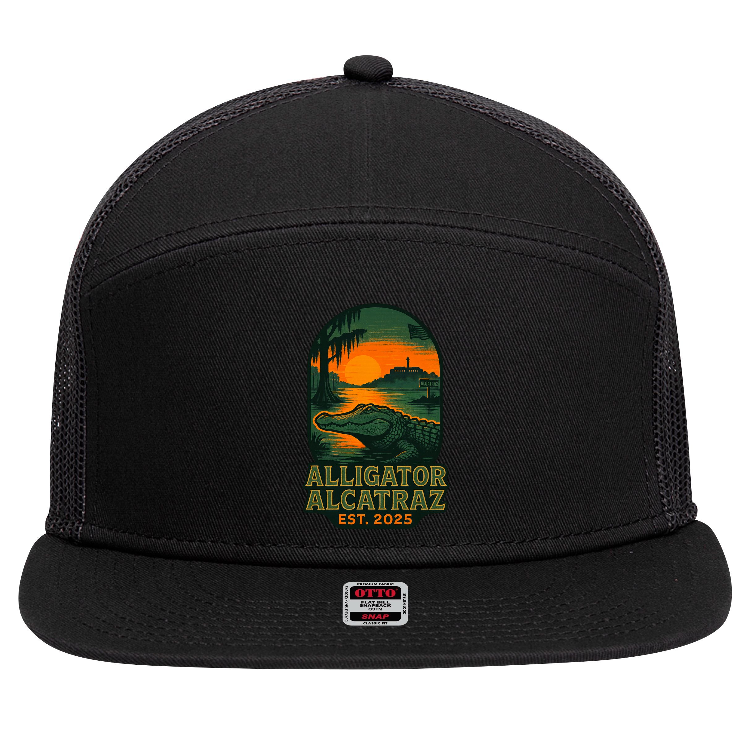 Alligator Alcatraz Est 2025 7 Panel Mesh Trucker Snapback Hat