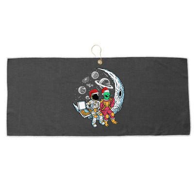 Alien Astronaut Eating Pizza Christmas Pajama Funny XMas Large Microfiber Waffle Golf Towel