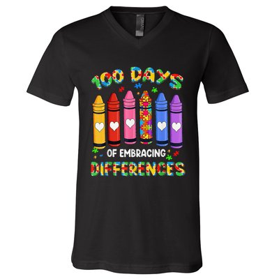 Autism Awareness Embrace Differences 100 Days Of School V-Neck T-Shirt