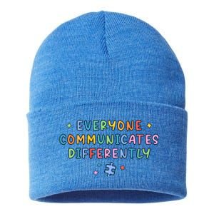 Autism Awareness Everyone Communicates Differently Puzzle Funny Gift Sustainable Knit Beanie