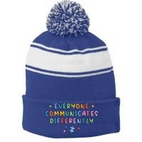 Autism Awareness Everyone Communicates Differently Puzzle Funny Gift Stripe Pom Pom Beanie