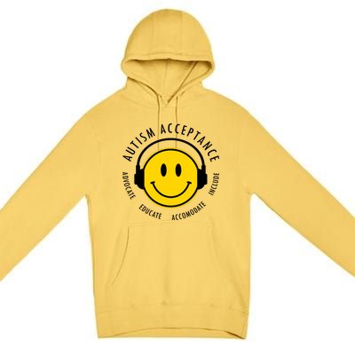 Autism Acceptance Educate Smiley Headphone Premium Pullover Hoodie