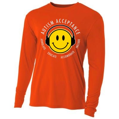 Autism Acceptance Educate Smiley Headphone Cooling Performance Long Sleeve Crew