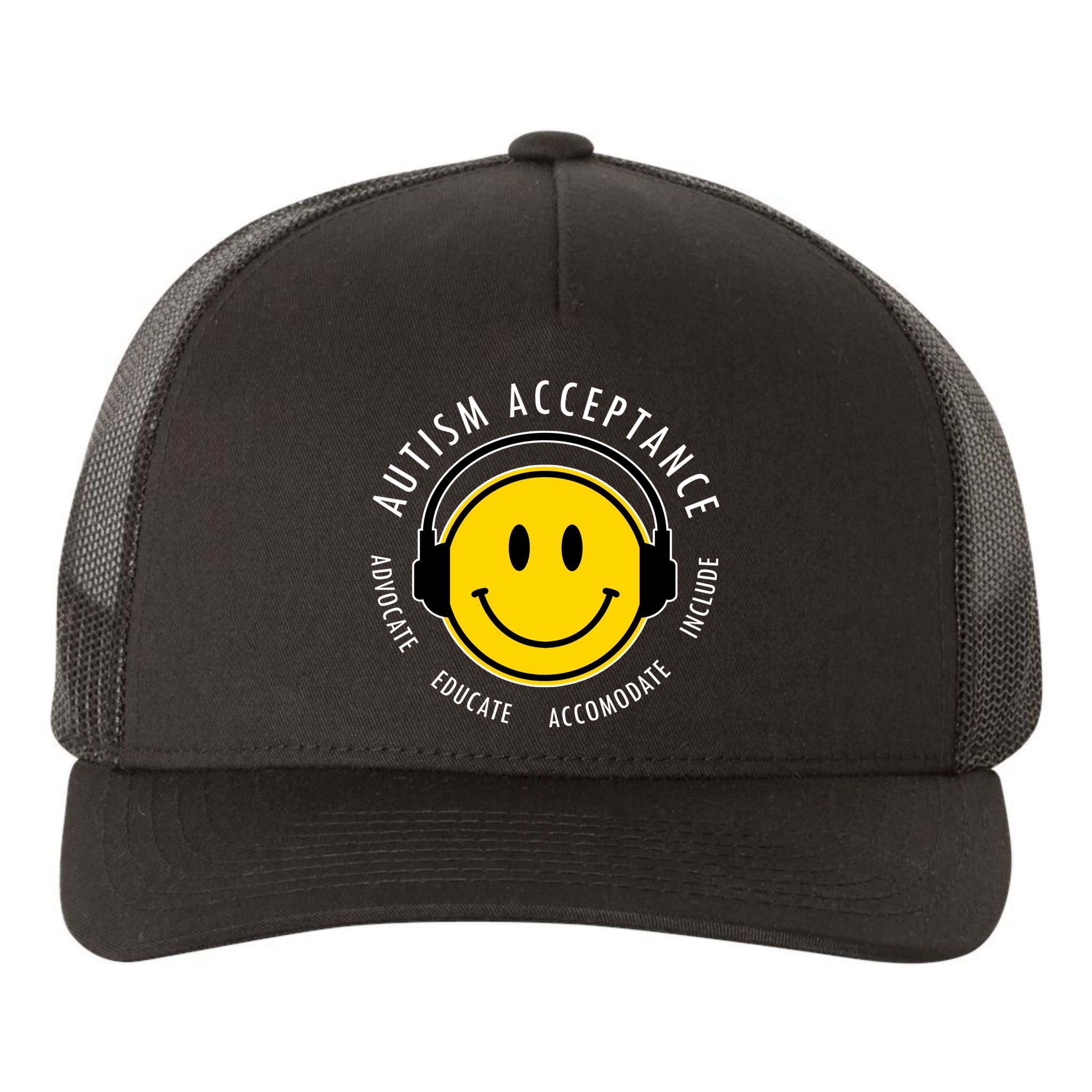 Autism Acceptance Educate Smiley Headphone Yupoong Adult 5-Panel Trucker Hat