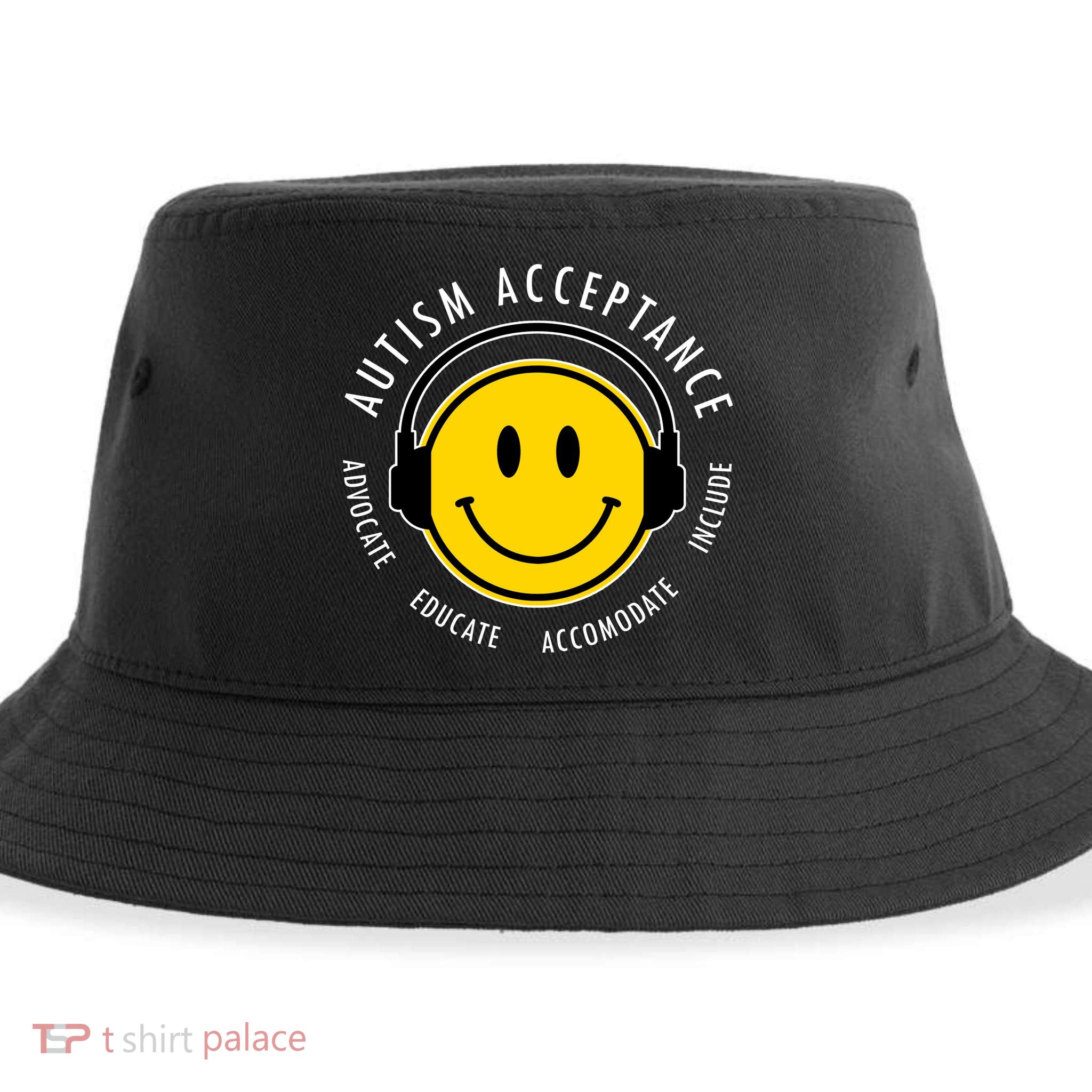 Autism Acceptance Educate Smiley Headphone Sustainable Bucket Hat