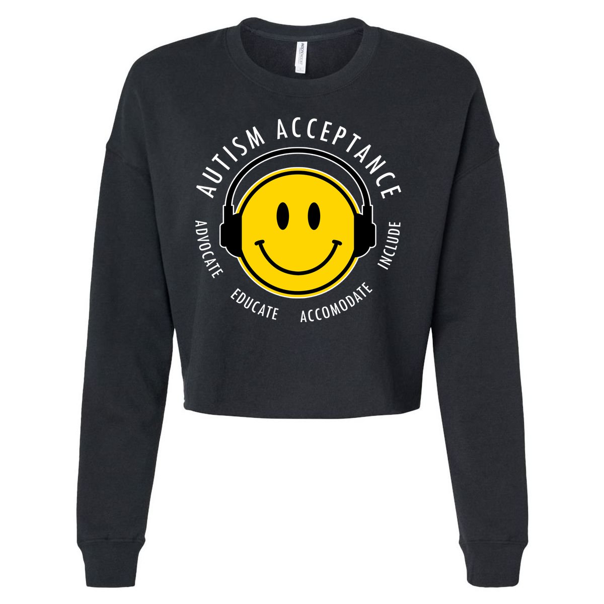 Autism Acceptance Educate Smiley Headphone Cropped Pullover Crew