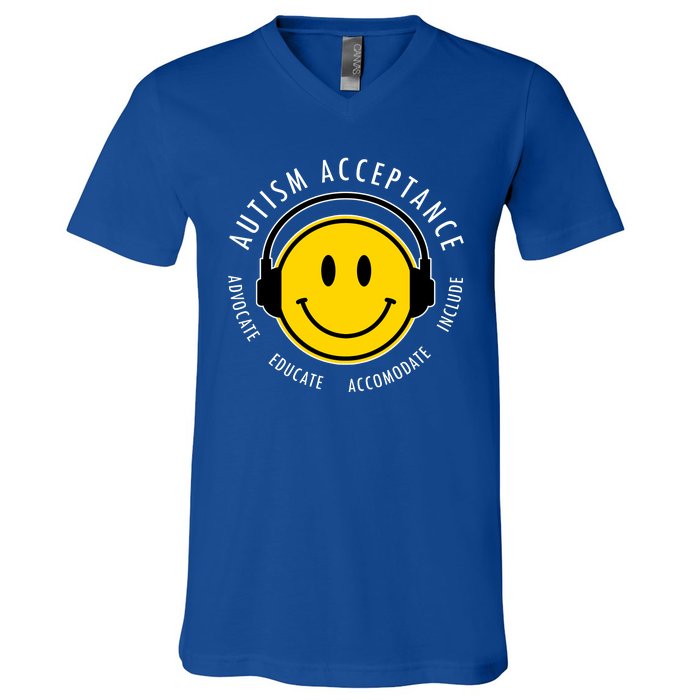 Autism Acceptance Educate Smiley Headphone V-Neck T-Shirt