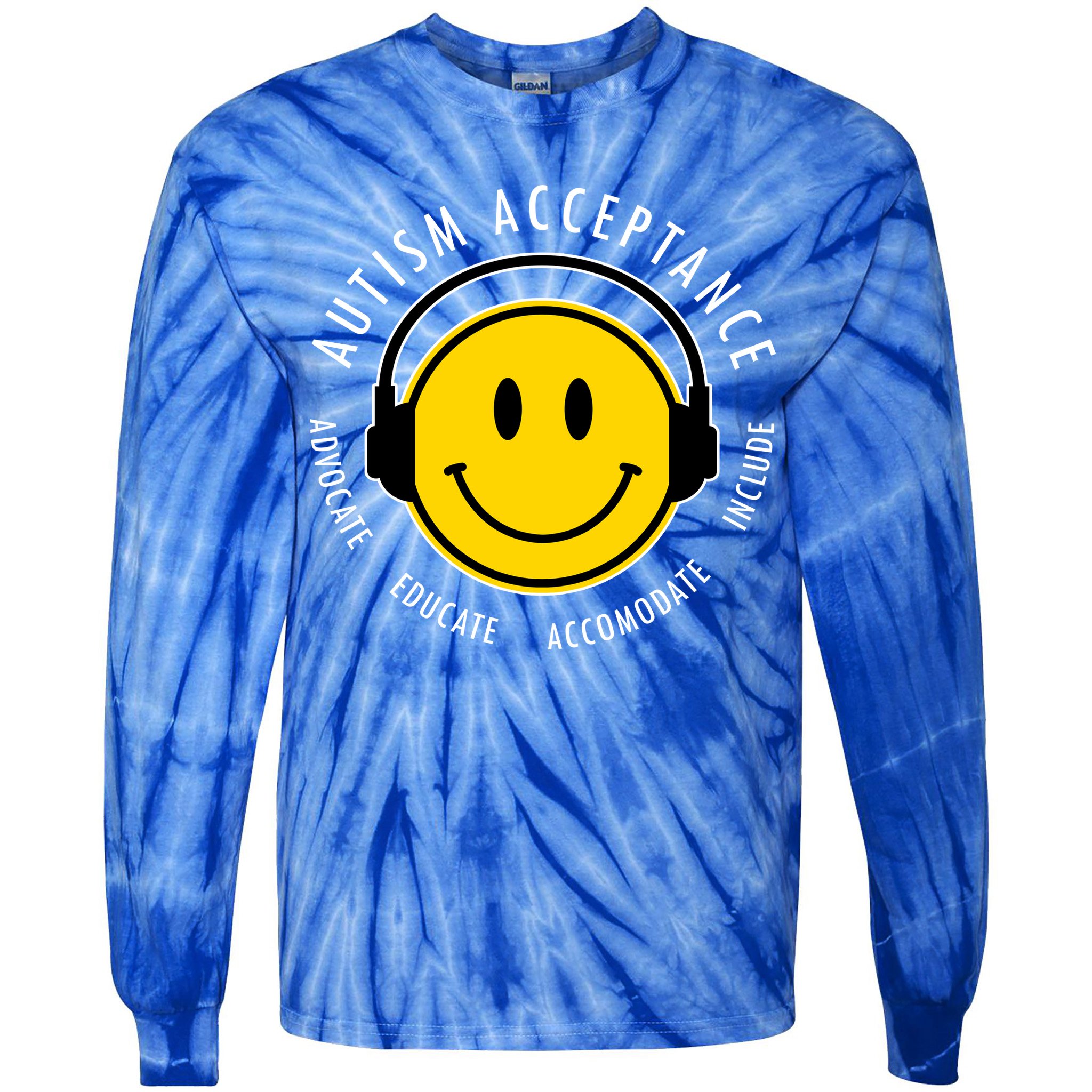Autism Acceptance Educate Smiley Headphone Tie-Dye Long Sleeve Shirt
