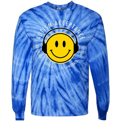 Autism Acceptance Educate Smiley Headphone Tie-Dye Long Sleeve Shirt