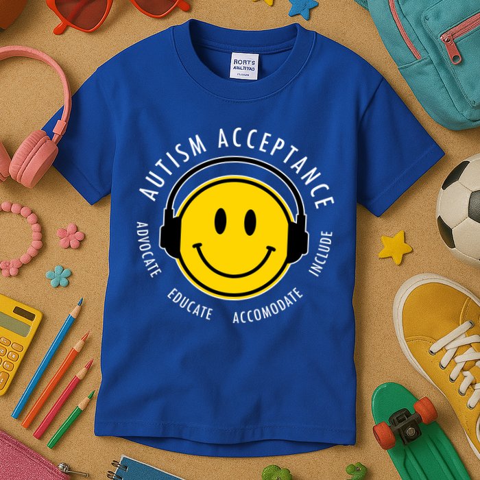 Autism Acceptance Educate Smiley Headphone Kids T-Shirt