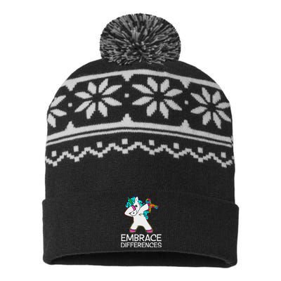 Autism Awarenesss Embrace Differences Unicorn USA-Made Snowflake Beanie