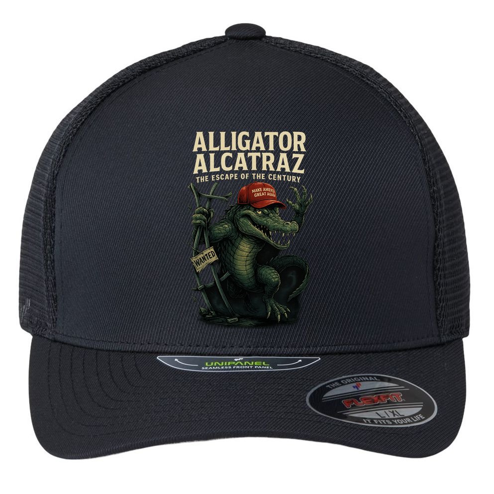 Alligator Alcatraz Escape Warning MAGA Flexfit Unipanel Trucker Cap