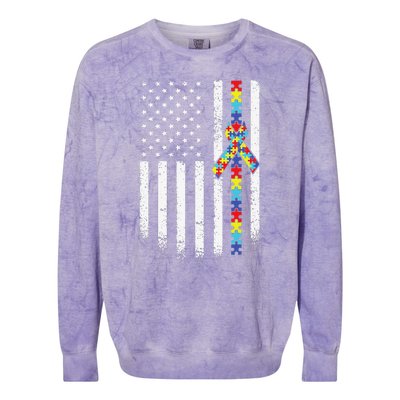 Autism American Flag Puzzle Autism Awareness Gift Colorblast Crewneck Sweatshirt