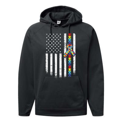 Autism American Flag Puzzle Autism Awareness Gift Performance Fleece Hoodie