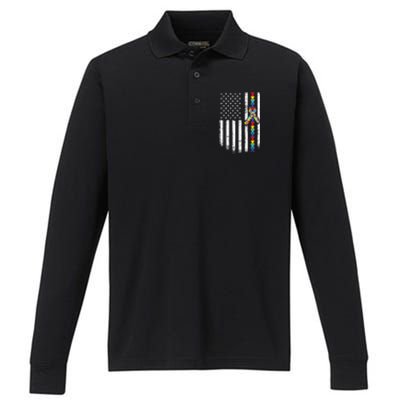 Autism American Flag Puzzle Autism Awareness Gift Performance Long Sleeve Polo